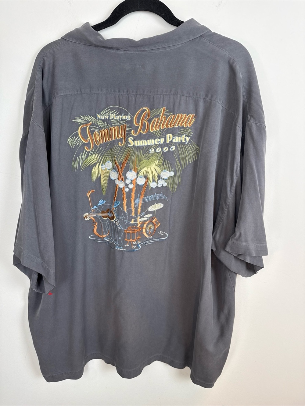 Tommy Bahama Camp Shirt Men XXLarge Gray Silk Summer Party 2005 Jazz Embroidered